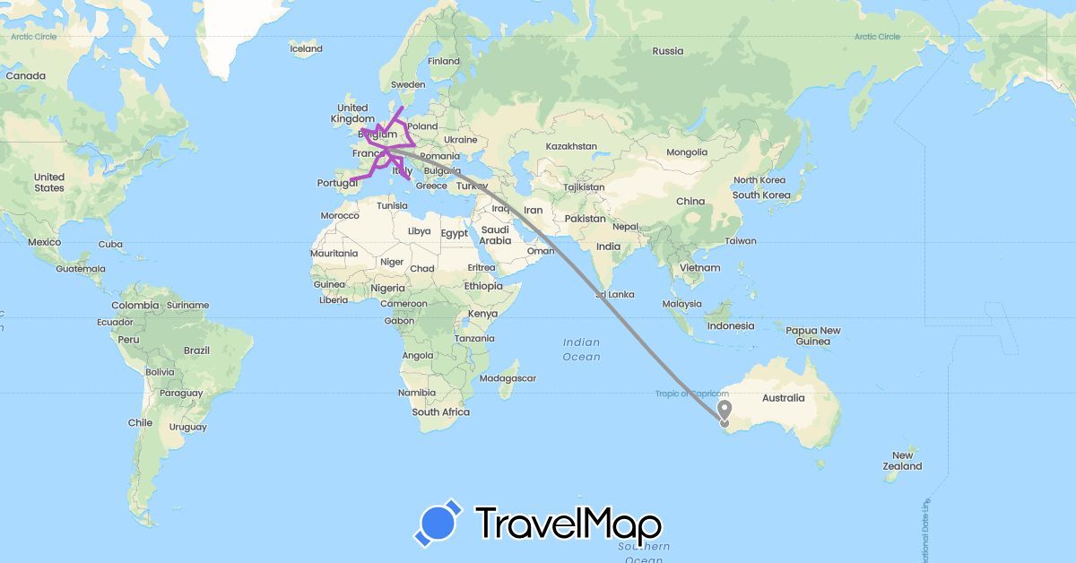 TravelMap itinerary: driving, plane, train in Austria, Australia, Belgium, Switzerland, Czech Republic, Germany, Denmark, Spain, France, Italy, Monaco (Europe, Oceania)